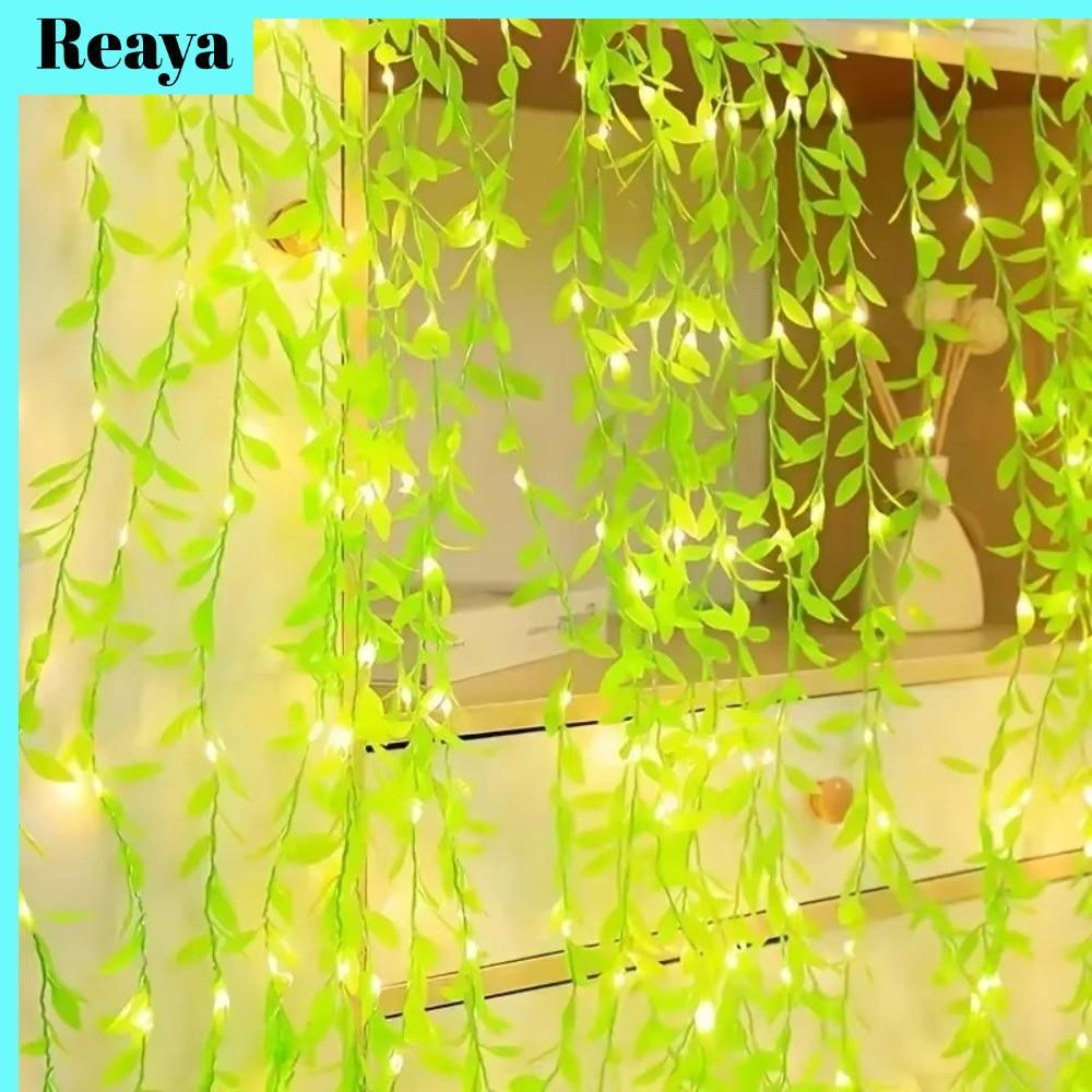 REAYA Willow Leaf String Lights 20LED 2/5M Battery Box Always-On Imitation Green Fence Curtain Lamp 