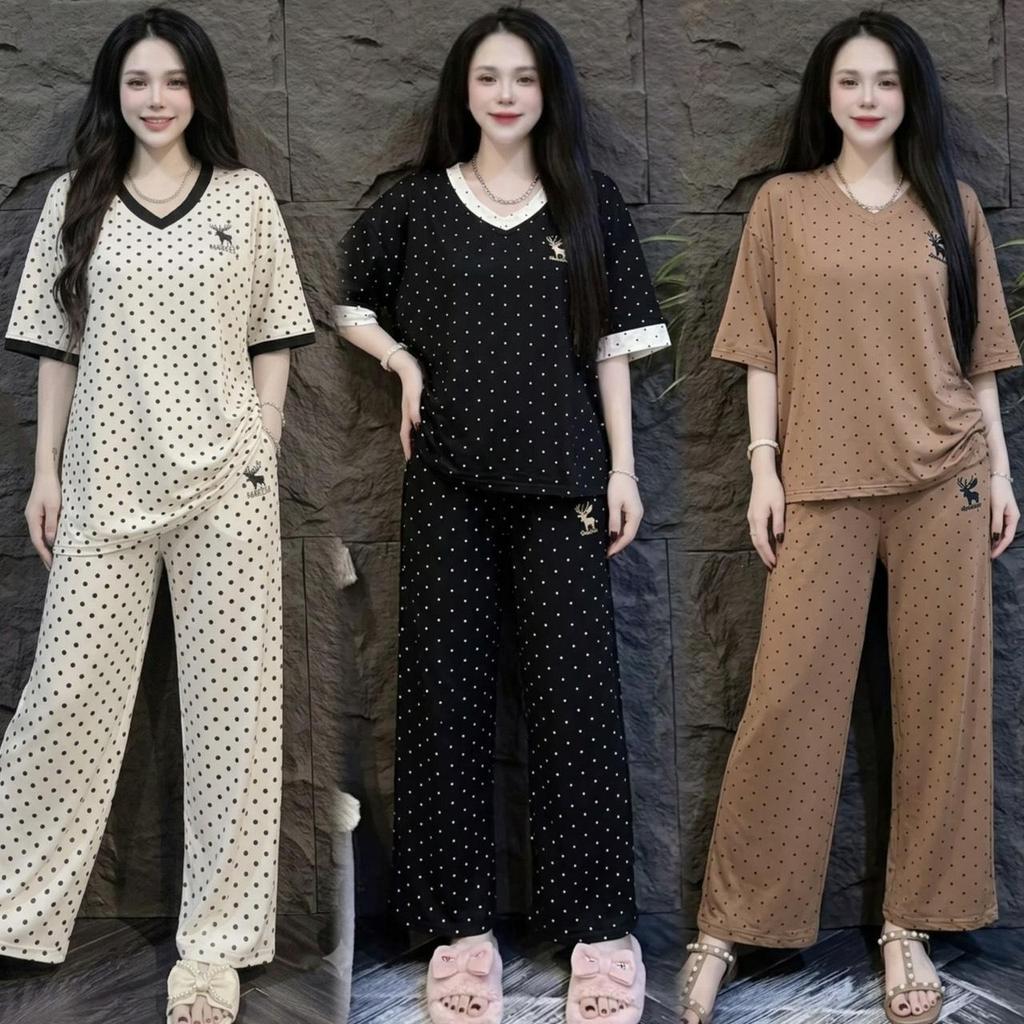 Mayura Stores No.Ke5564 ชุดเซ็ท2ชิ้น เสื้อแขนสั้น+กางเกงขายาว ปักกวางน้อยลายจุดสีพื้น ชุดดซ็ท เสื้อผ้าแฟชั่น