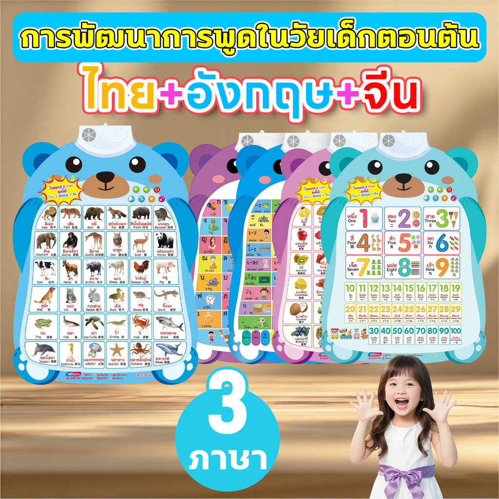 โปสเตอร์พูดได้ 3ภาษา ไทย-อังกฤษ-จีน กไก่ ABC ตัวเลข สัตว์ ติดผนัง มีเสียง เหมาะเด็ก1-6ปี เสริมพัฒนาการ เรียนรู้สนุก