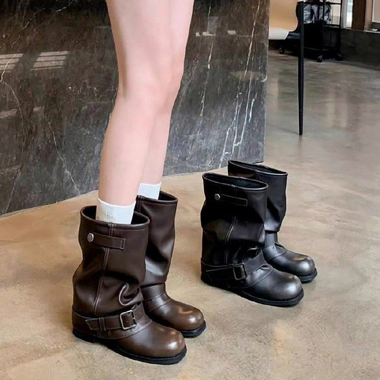 สไตล์เกาหลีรอบ Toe Retro จีบ Pile รองเท้าผู้หญิงส้นหนาเข็มขัดหัวเข็มขัด Mid-Tube รองเท้า Slimmer ดู Knight รองเท้าโรงงานขายส่งราคา
