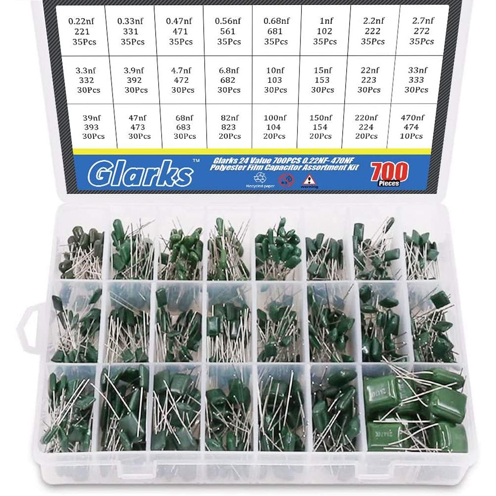Glarks 24 มูลค่า 700PCS 0.22NF- 470NF ตัวเก็บประจุฟิล์มโพลีเอสเตอร์ Assortment Kit