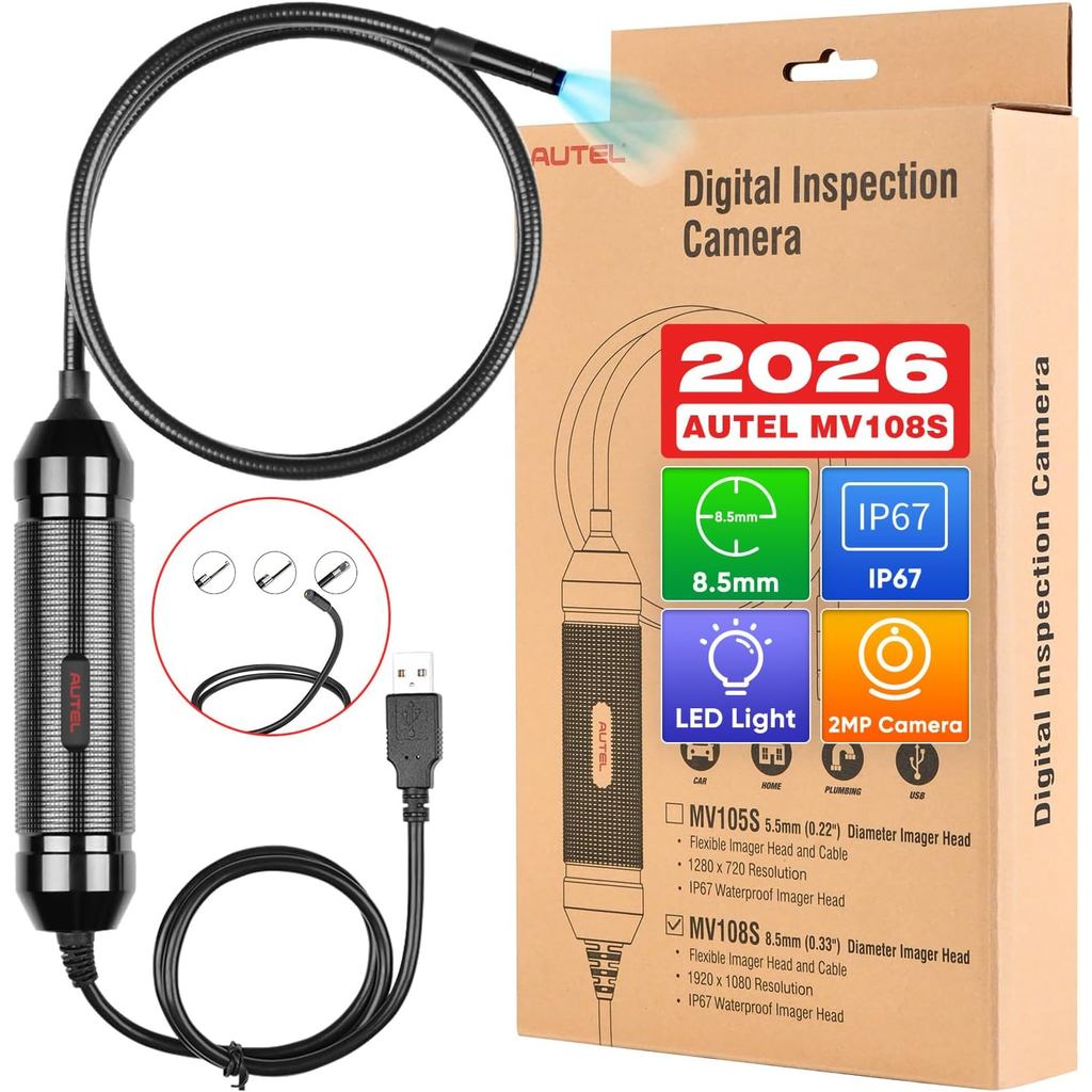 Autel MaxiVideo MV108S กล้องตรวจสอบ Borescope, 2026 Endoscope พร้อมหัวภาพกันน้ํา 8.5 มม., ทํางานพร้อ
