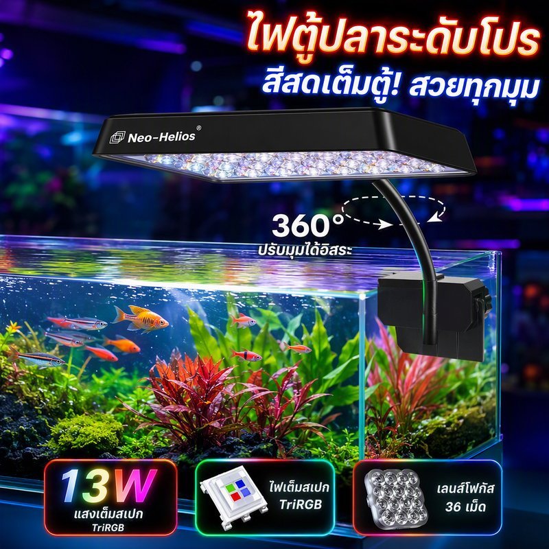 ไฟตู้ปลา Nano 13W ฟูลสเปกตรัม TriRGB หลอด 36 เลนส์ เมทริกซ์ 360 องศา คลิปหนีบ กันน้ำ