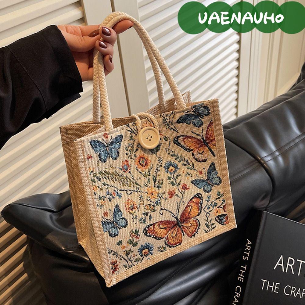 UAENAUH0 Tote กระเป๋าถือ,ผ้าลินิน Canva ผีเสื้อพิมพ์ถุงอาหารกลางวัน,Handmade แบบพกพา Casual Retro กล
