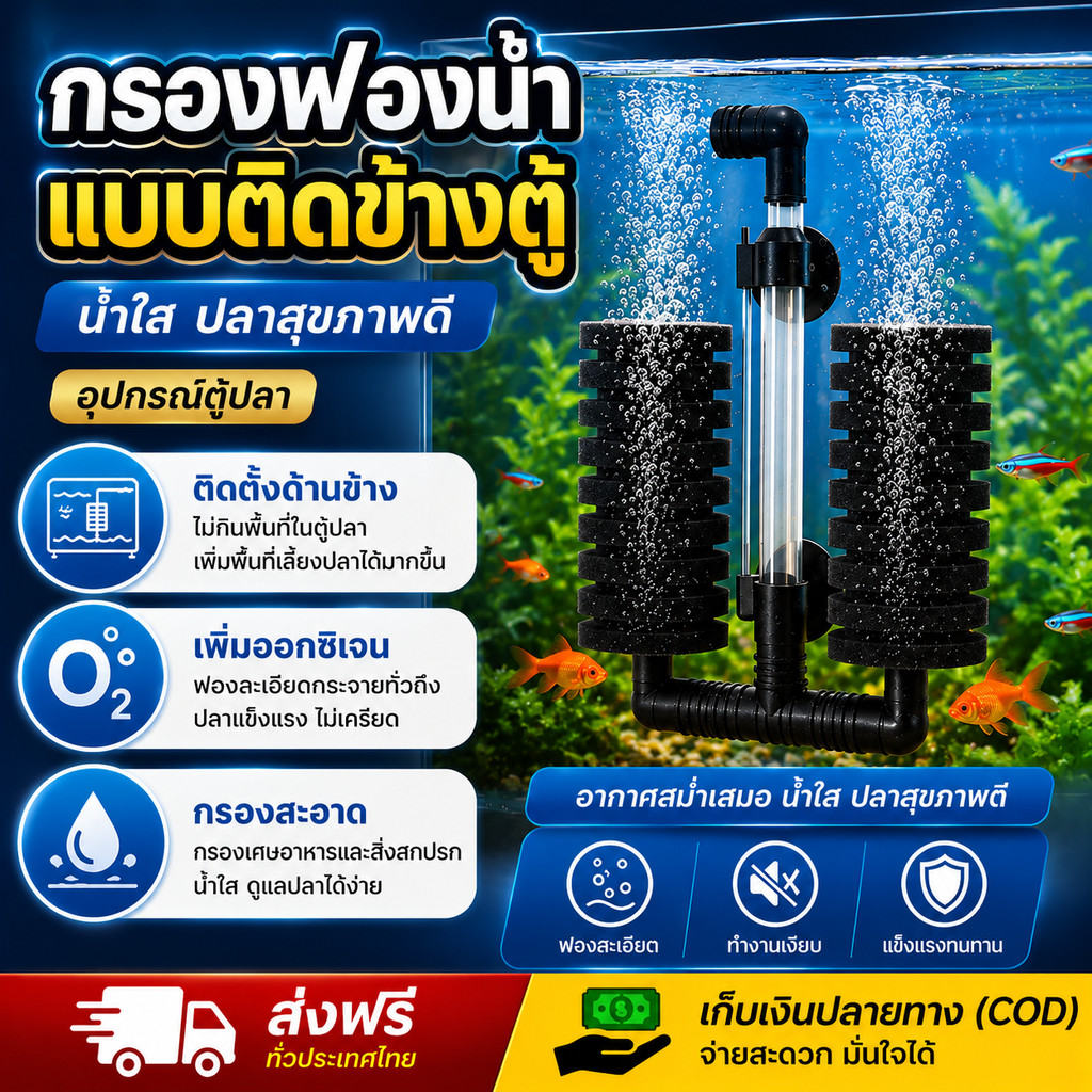 COD กรองฟองน้ำแบบติดข้างตู้ กรองแขวนตู้ปลา ผ้าฝ้ายกรองเงียบ เพิ่มออกซิเจน ทำให้น้ำมีคุณภาพดีขึ้น อุปกรณ์ตู้ปลา