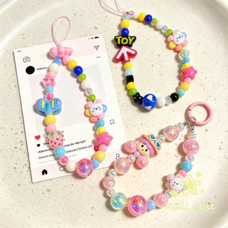 สร้อยข้อมือโทรศัพท์ ตุ๊กตาการ์ตูน ลูกปัดสีชมพู-ฟ้า น่ารัก สไตล์ฮิต