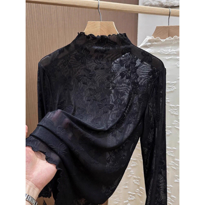 2026 Agaric Edge Half High Neck Lace Bottoming เสื้อผู้หญิงแฟชั่นบางโปร่งใส Gauze Top High-End Gauze