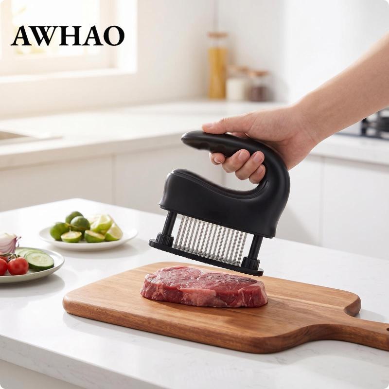 Ioensy Stainless Steel Pking Tenderizer ด้ามจับโค้ง มือถือ เนื้อ สีดํา