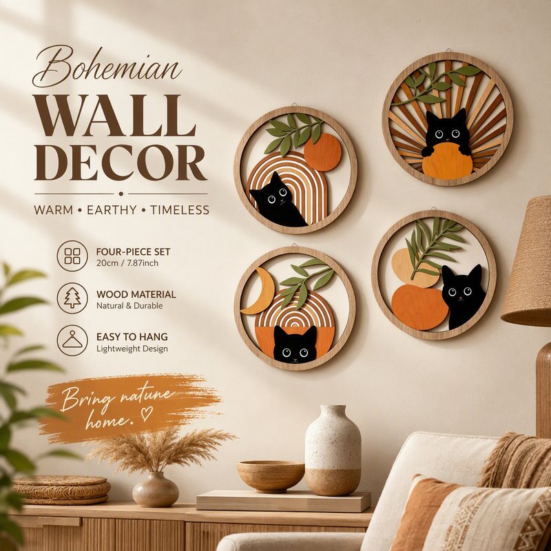 ไม้ Wall Art Decor ชุดรอบ Boho Wall Decor ตกแต่งบ้านแขวน Wall Plaque 4 ชิ้น