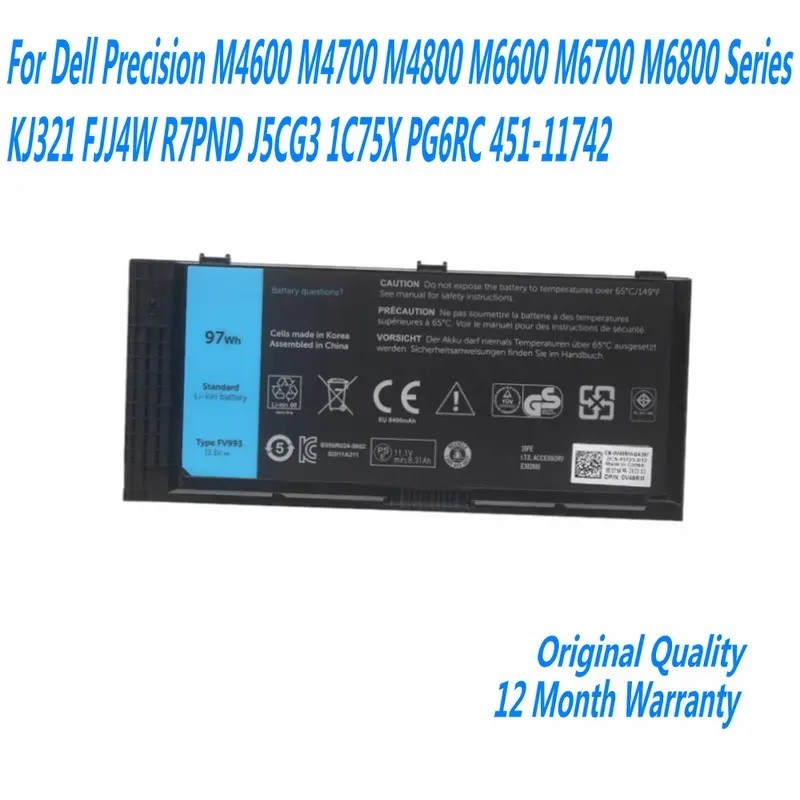 FV993 แบตเตอรี่แล็ปท็อปสําหรับ Dell Precision M4600 M4700 M4800 M6600 M6700 M6800 Series KJ321 FJJ4W