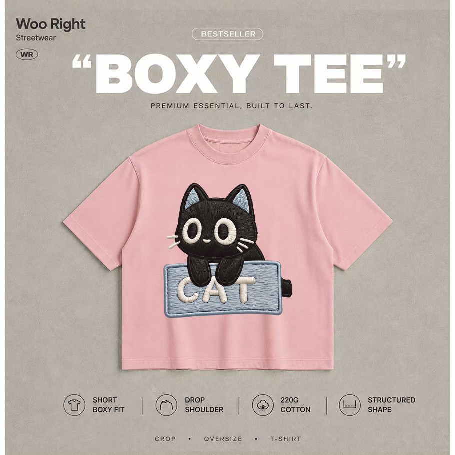 Woo Right تيشيرت Boxy واسع مطرز CAT بقطة كرتونية — أسود — صورة 5