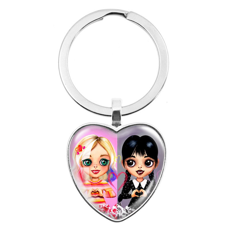 Wendesday Adams Family Heart-Shaped Glass Pendant Fashion Movie Keychain Heart-Shaped Pendant Keycha