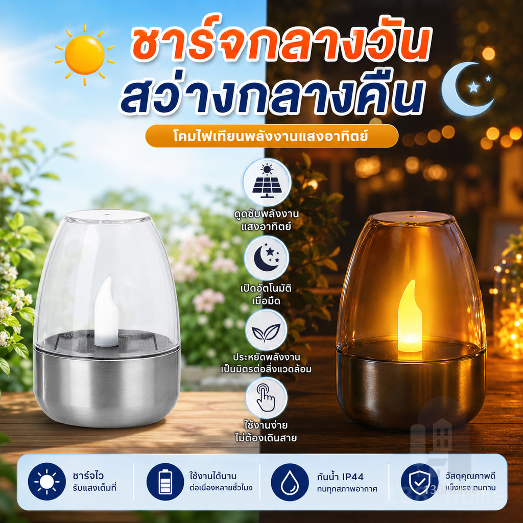 โคมไฟเทียนโซล่าเซลล์ ตะเกียง solar cell LEDกันน้ำ สำหรับแต่งสวน ตกแต่งหน้าบ้าน กลางแจ้ง