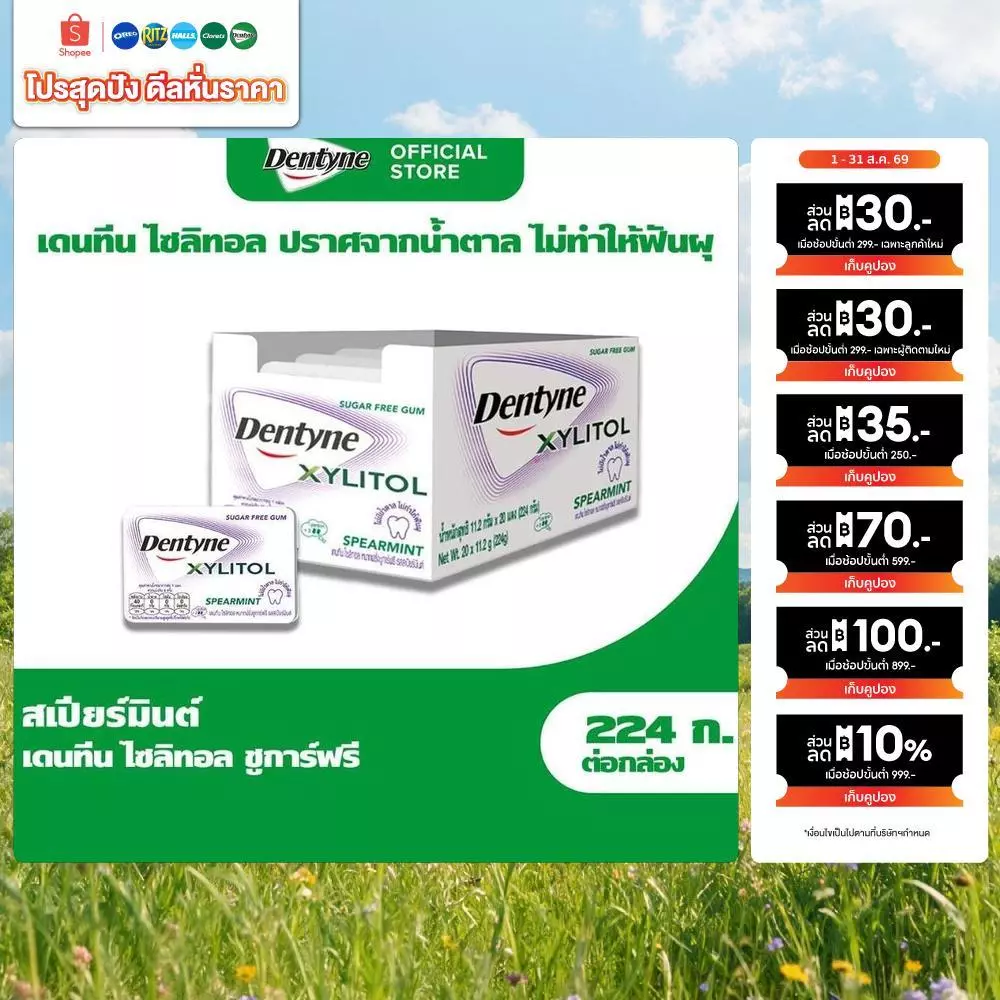 [แพ็ค 20 แผง] Dentyne Xylitol Spearmint เดนทีน ไซลิทอลชูการ์ฟรี กลิ่นสเปียร์มินต์ แบบแผง 8 เม็ด (11.2g)