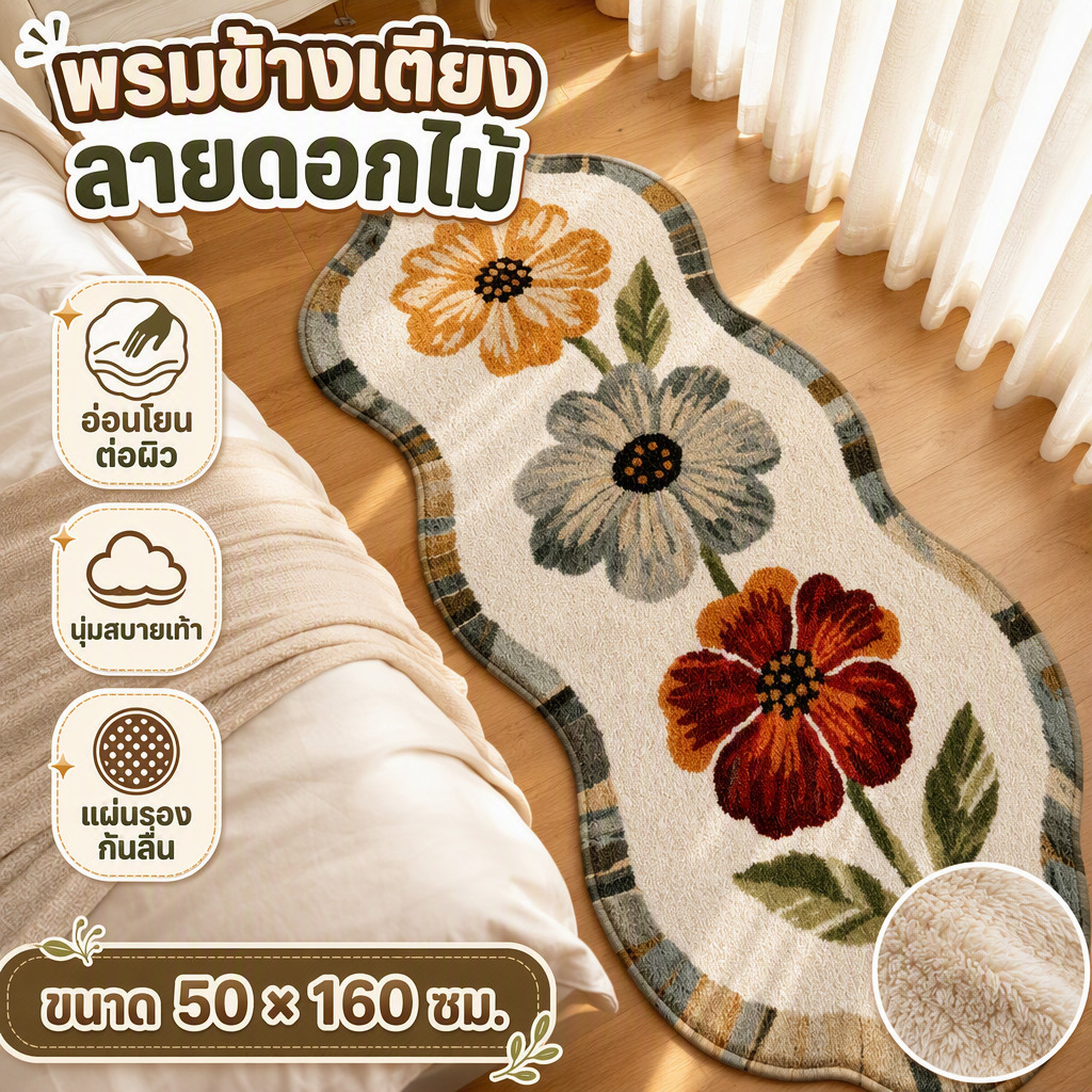 พรมห้องนอน 40*120cm พรมข้างเตียงแบบยาว ขนนุ่ม มีแผ่นกันลื่น พรมห้องนอน มินิมอลแต่งห้อง ตกแต่งบ้าน