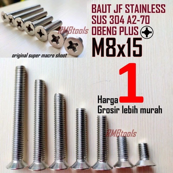 M8x15 JF STAINLESS GRADE 304 A2-70 FLAT HEAD MACHINE SCREW SCREWDRIVER PLUS M8 CSK