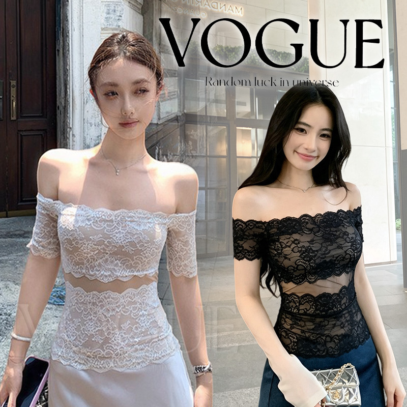 Vogue พร้อมส่ง เสื้อเปิดไหล่แขนสั้นผ้าลูกไม้ ทรงรัดรูปสไตล์ใหม่สำหรับฤดูร้อน มีฟองน้ำในตัว (FY8528)