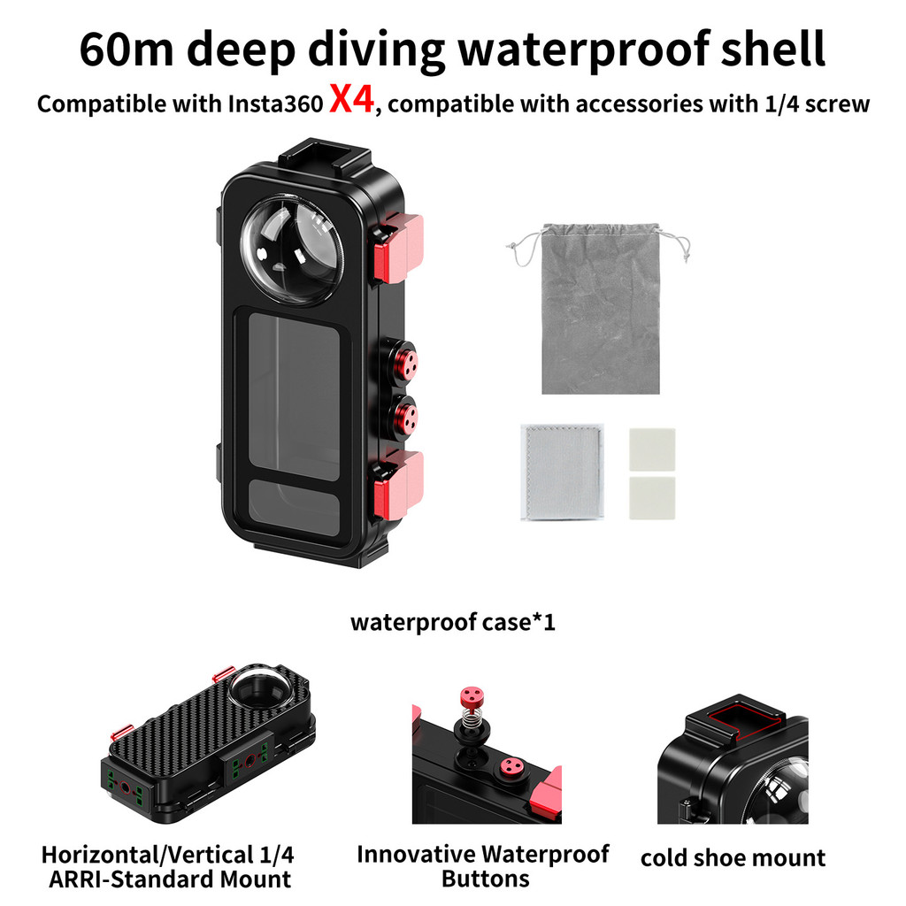 XT-XINTE เข้ากันได้กับกล้อง Insta360 X4 60m ดําน้ําลึกโลหะกันน้ํากรณีรองเท้าเย็น Mount