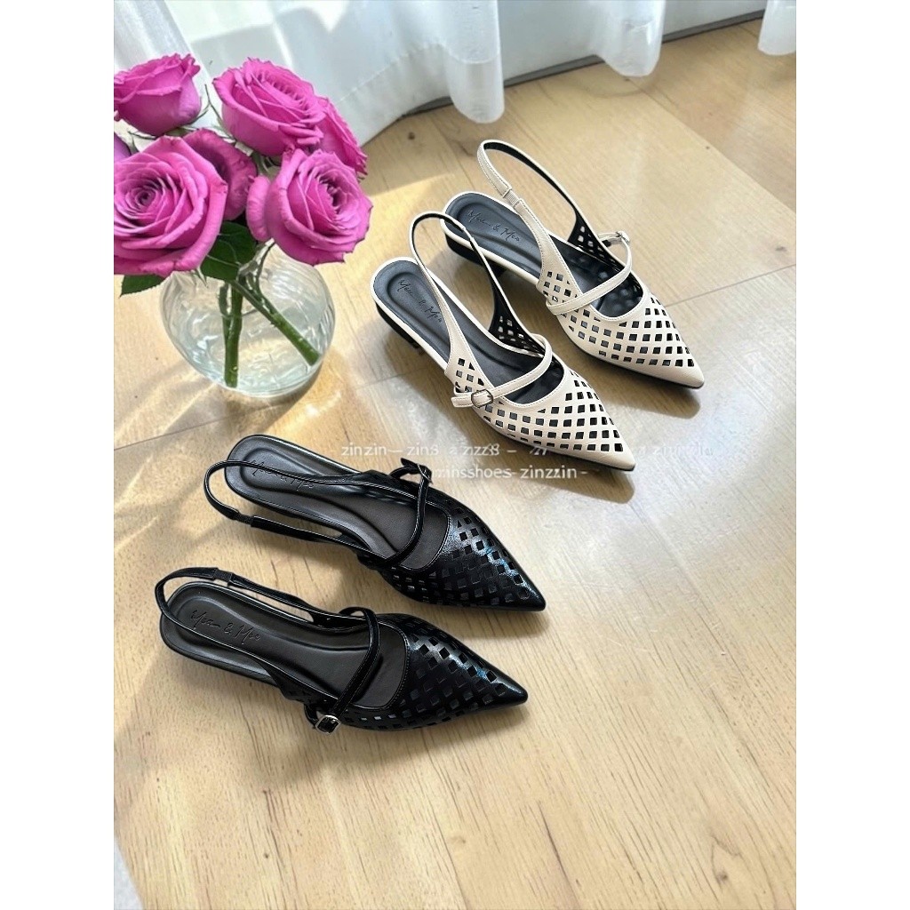 Zinzin3456 - zz04- รองเท้าแตะผู้หญิง Pointed Toe Perforated Back Strap Flat Sole 2 ซม.หนังนุ่มขาจับค