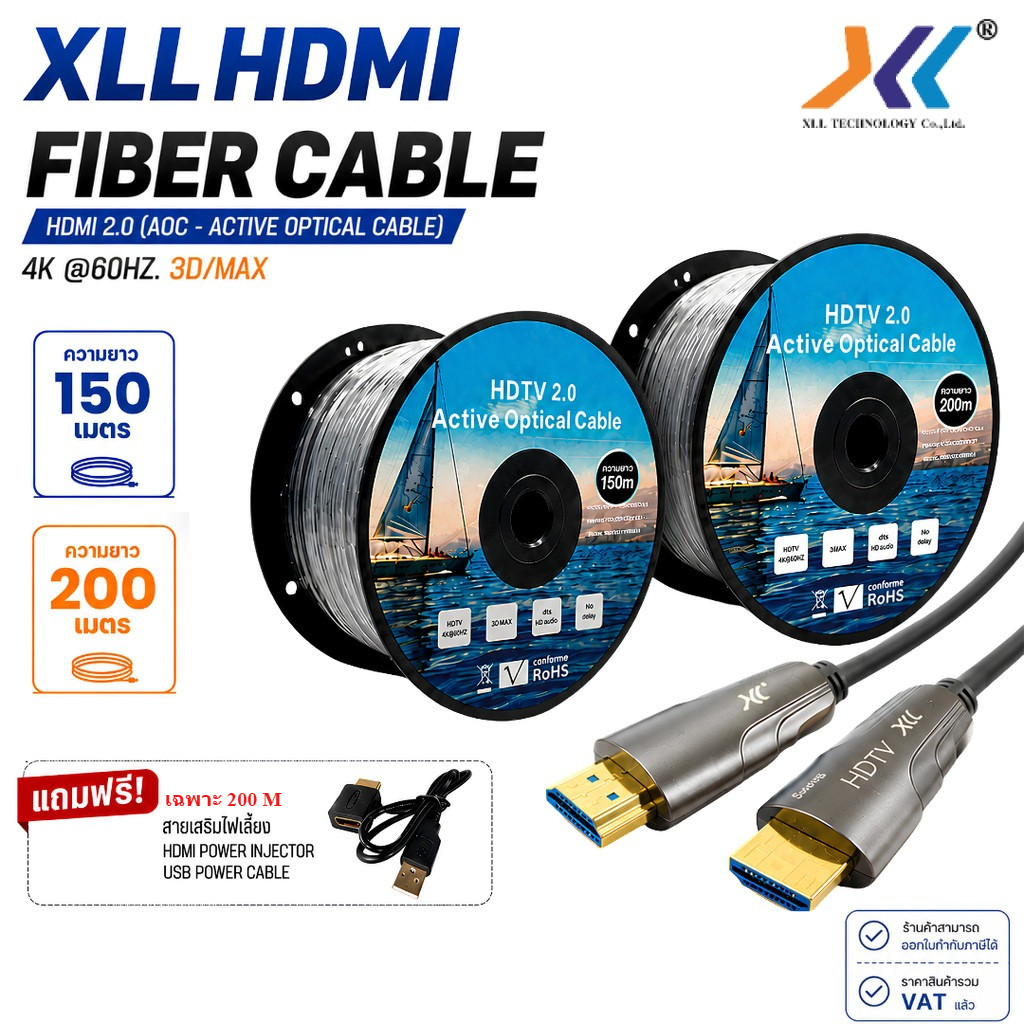 XLL สาย HDMI Fiber Optic 4K 60Hz HDMI 2.0 AOC 150/200 เมตร