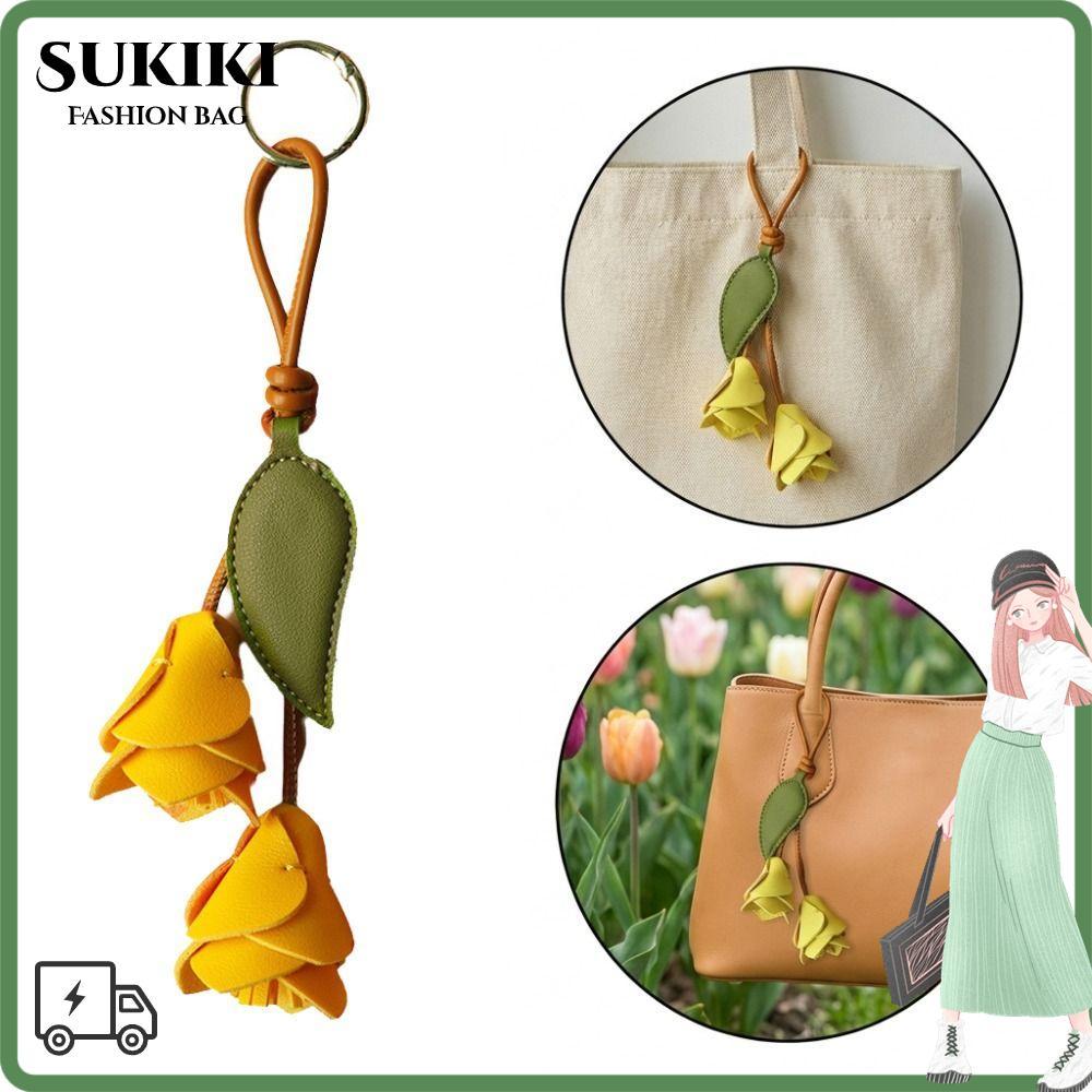 SUKIKI TULIP Bag Charm, PU หนัง Handmade ดอกไม้กระเป๋า Charm, ดอกไม้หรูหราน่ารัก Chic TULIP พวงกุญแจ