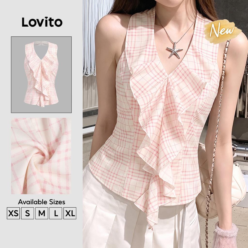 (New Arrival) Lovito เสื้อเบลาส์ผู้หญิง สีชมพูอ่อน สไตล์ลําลอง ชายระบาย สําหรับฤดูใบไม้ผลิ/ฤดูร้อน TKB203TD023