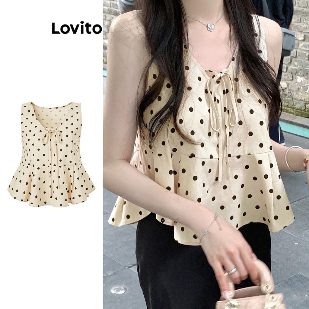 Lovito เสื้อกล้ามระบายลายจุดสำหรับผู้หญิง ทรงแคชชวล ฤดูร้อน/ฤดูใบไม้ผลิ L104ED775