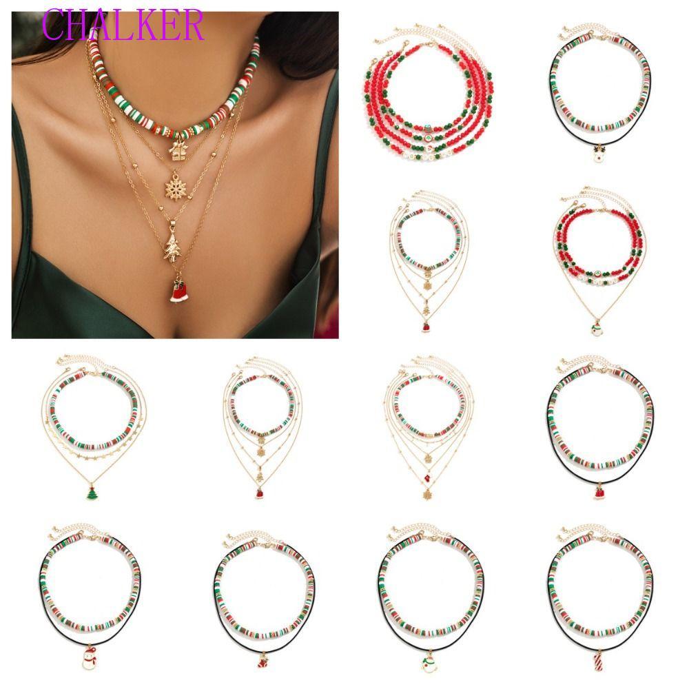 CHALKER 2/3/4 ชิ้น/เซ็ตสร้อยคอคริสต์มาสหลายชั้น,การ์ตูน Santa Rice Beaded Chain, Sweet Gingerbread M