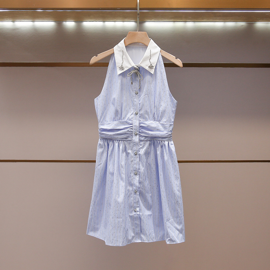 0JJ0 Sandr- Women's Summer New Fashion Elegant Design Rhinestone Striped Turn-Down Collar Tank Dress