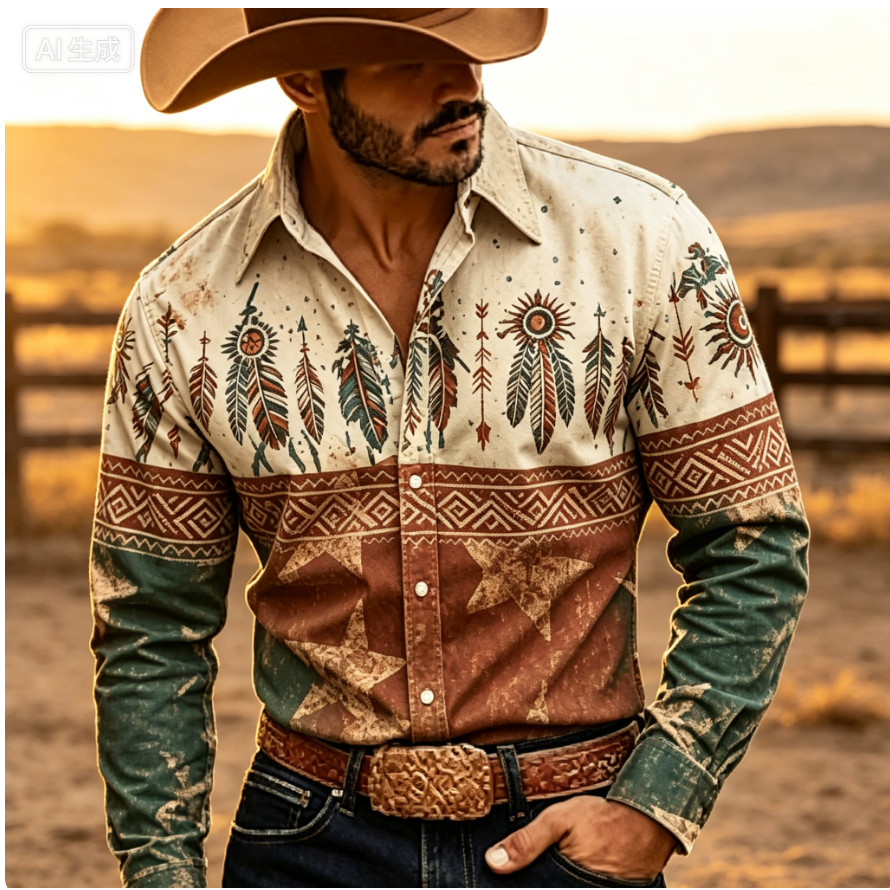 Men's Western Aztec Feather Print Long Sleeve Shirt, Southwestern Sun Arrow Pattern Casual Button Do