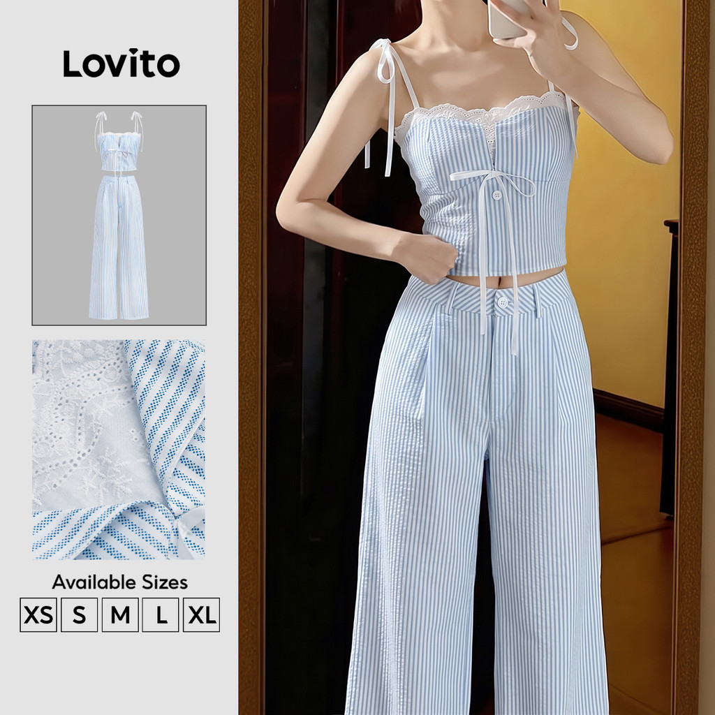 Lovito เสื้อหรือกางเกงแคชชวล คอ ฮัลเตอร์ ผูกเชือกด้านหน้า สีฟ้า สำหรับผู้หญิง เหมาะสำหรับฤดูใบไม้ผลิ/ฤดูร้อน เกาหลี อินเทรนด์ L173AD083