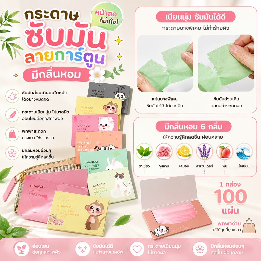 365mallshop SS6 (ร้านไทย)กระดาษซับมัน 100แผ่นซับมันส่วนเกินได้ดี (เสริมความงามดูแลผิวใบหน้า )