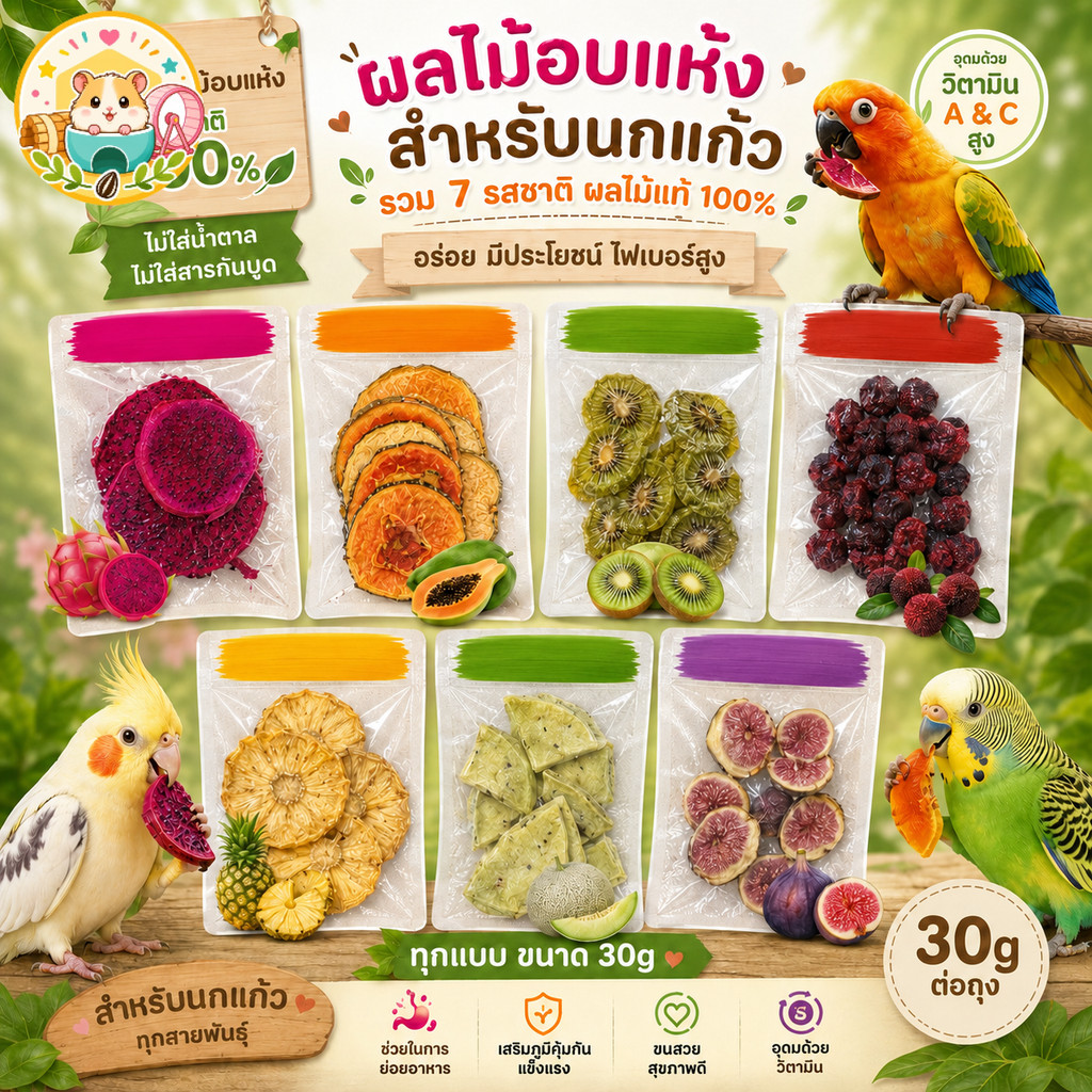 Hamster.lover ขนมผลไม้อบแห้ง แก้วมังกรแดง & มะละกอ 30g ไฟเบอร์สูง วิตามินสูง ไม่ใส่น้ำตาล ขนมนกแก้ว กระต่าย แฮมสเตอร์