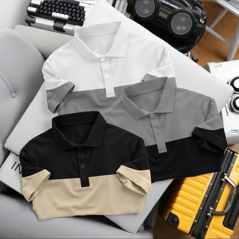 KING MENSWEAR - COMBO of 3 HORIZONTAL STRIPED POLO SHIRT IN 4-WAY THAI POLY CROCODILE