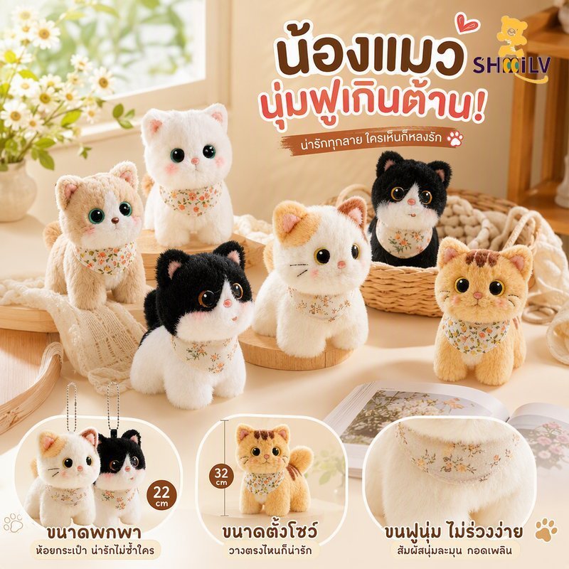 COD พวงกุญแจตุ๊กตาแมวขนฟูแบบสมจริง 13cm นุ่มและน่ารัก ใส่ผ้ากันเปื้อนก็กลายเป็นแมวน่ารัก