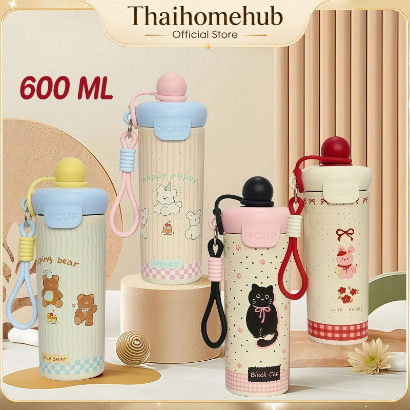 COD น่ารัก บสีฟางถ้วยเก็บความร้อน 316 สแตนเลส 600ml แก้วมีฝาปิด แก้วกาแฟ แก้วน้ําเก็บความเย็น