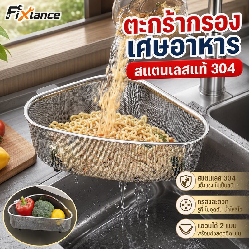 สแตนเลสอ่างล้างจานตะกร้ากรองอาหารขยะกรองสามเหลี่ยมกันสนิมทนทานทําความสะอาดง่าย
