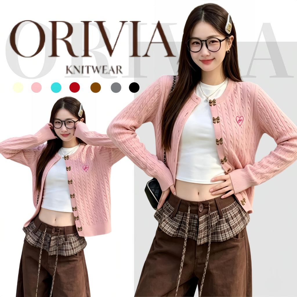 🔥ORIVIA🔥-16696เสื้อคาร์ดิแกนไหมพรมสีสันลูกกวาด กระดุมรูปโบว์สุดหรู นุ่มสบาย ทรงหลวม แต่งตัวได้หลายลุค