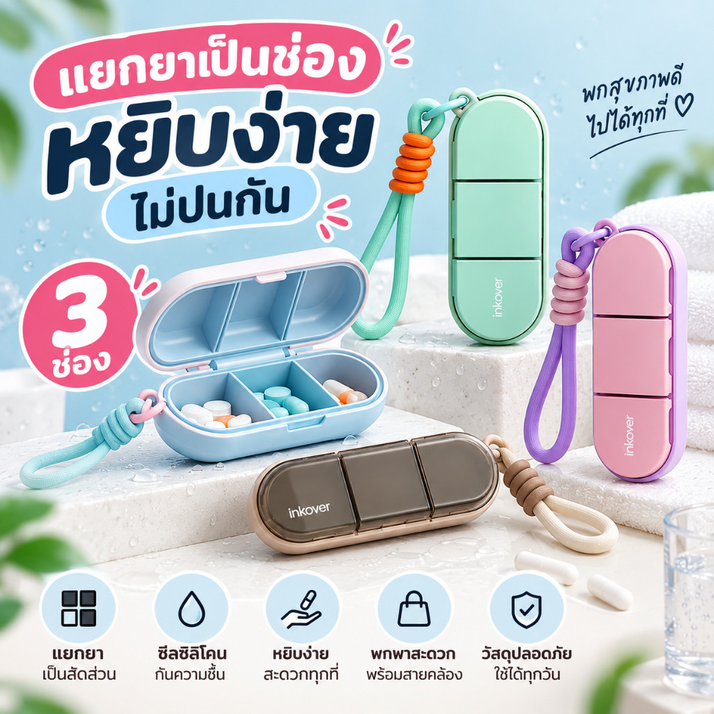 YOMI Portable Pill Box กล่องใส่ยาและวิตามิน 3 ช่อง พร้อมสายคล้อง พกพาสะดวก