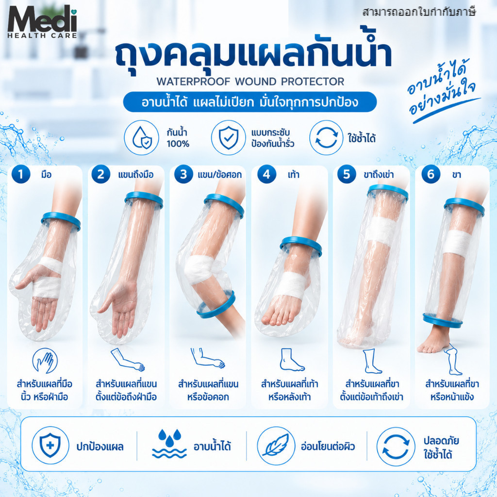 Medi ถุงคลุมแผลกันน้ำ ถุงคลุมเฝือก กันน้ำ100% อย่างดี ใช้ซ้ำได้ ป้องกันแผลติดเชื้อ ทุกส่วนของร่างกาย