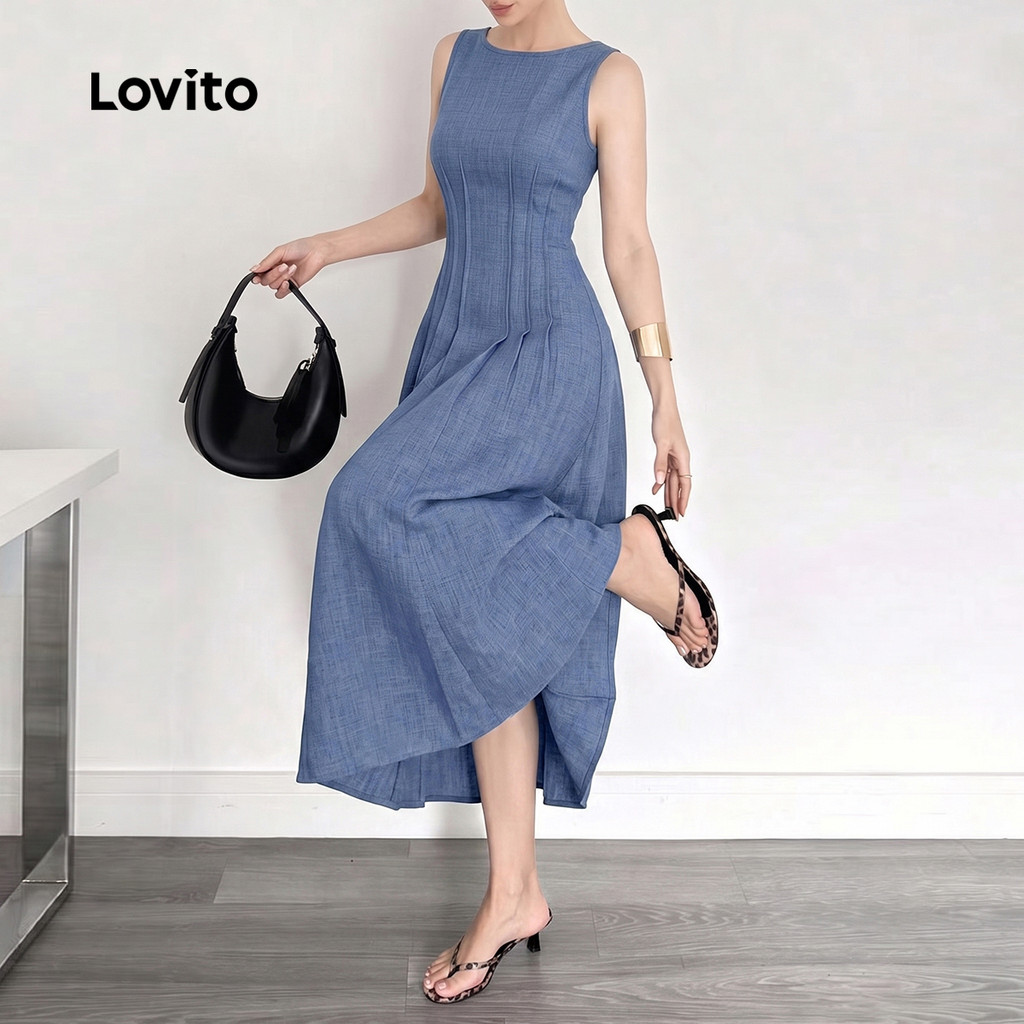 Lovito فستان نسائي طويل أزرق بكسرات — صورة 5
