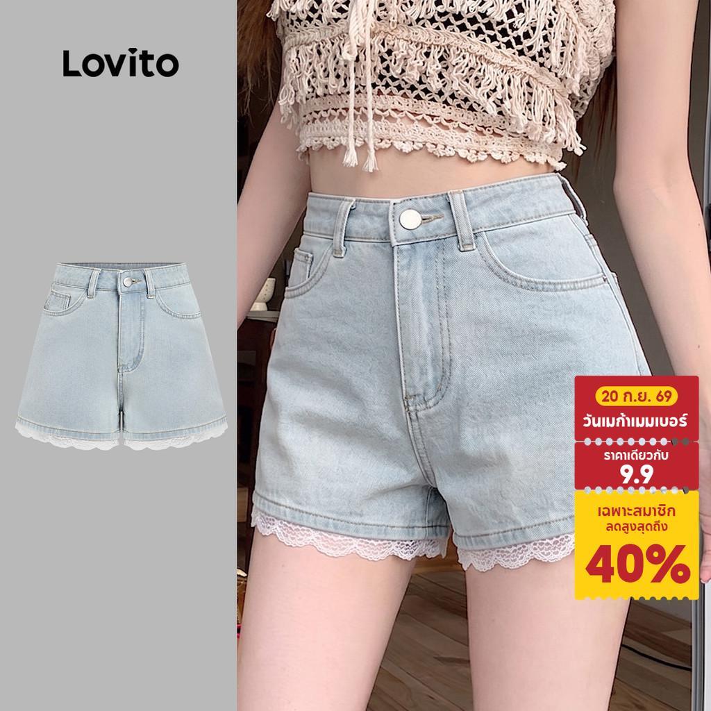 Lovito กางเกงขาสั้นเดนิมลําลอง แต่งลูกไม้ สไตล์สบายๆ เหมาะกับฤดูใบไม้ผลิ/ฤดูร้อน สีฟ้า สําหรับผู้หญิง เกาหลี อินเทรนด์ L197AD1047