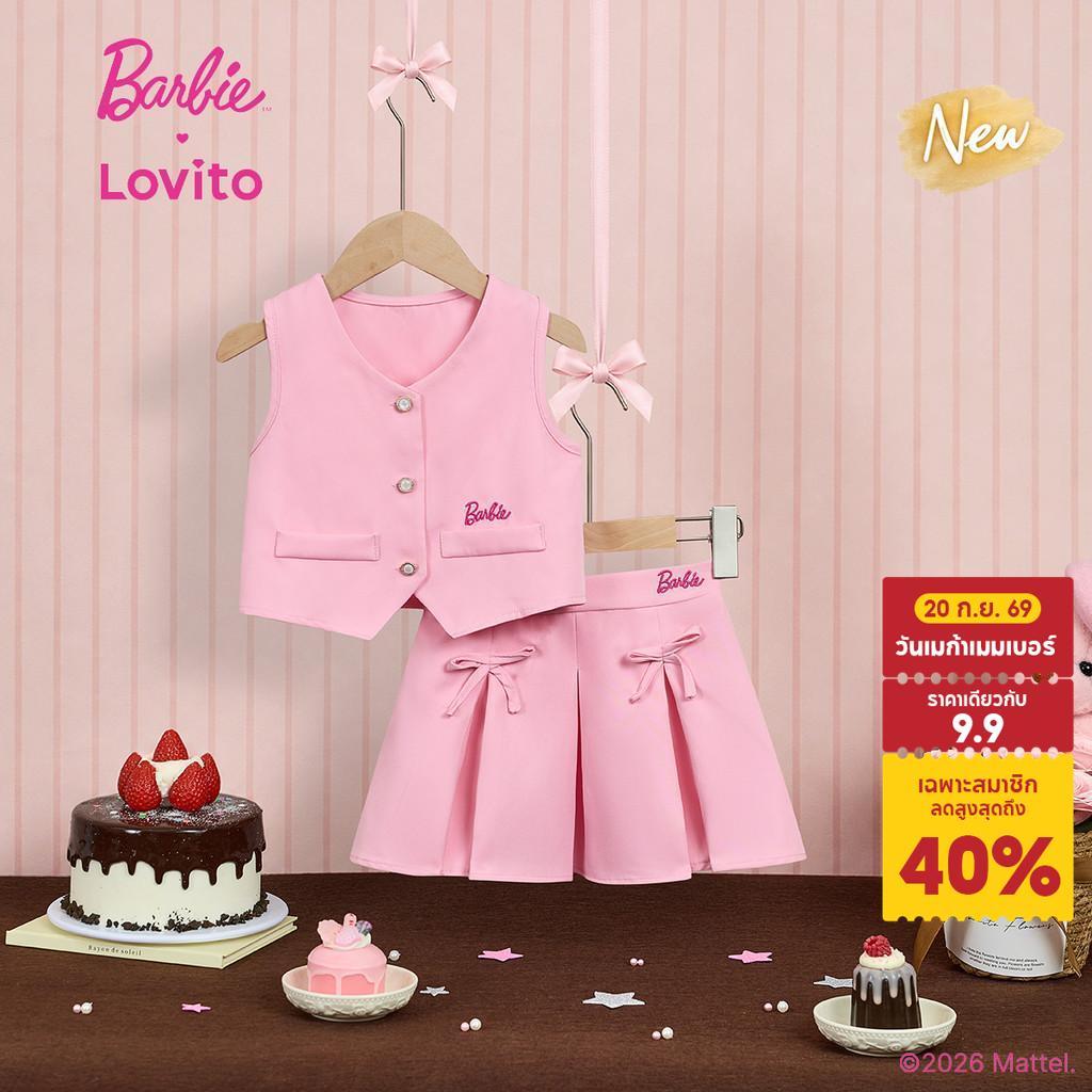 (New Arrival) Barbie™ X Lovito Kids ชุดกระโปรงสีชมพูสําหรับฤดูใบไม้ผลิ/ฤดูร้อน ปักโบว์ เย็บกระดุม ชุดกระโปรงลําลองสําหรับเด็กผู้หญิง KSBL6PAD037