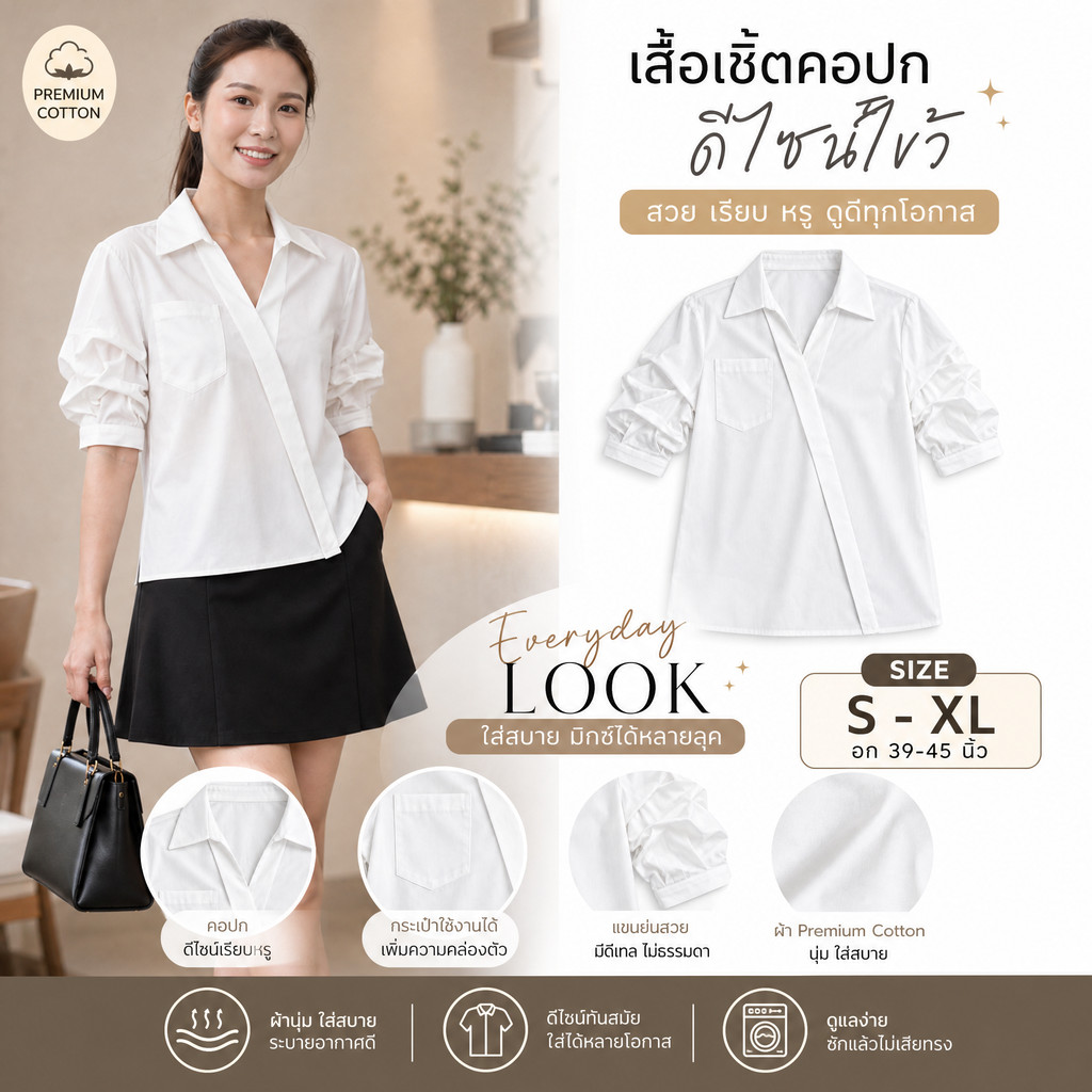 เสื้อเชิ้ต แขนสั้น คอปก งานแต่งไขว้อก ไม่มีกระดุม ทรงสวย น่ารักมาก ใส่แล้วดูหรูดูแพงมาก งานขายดี