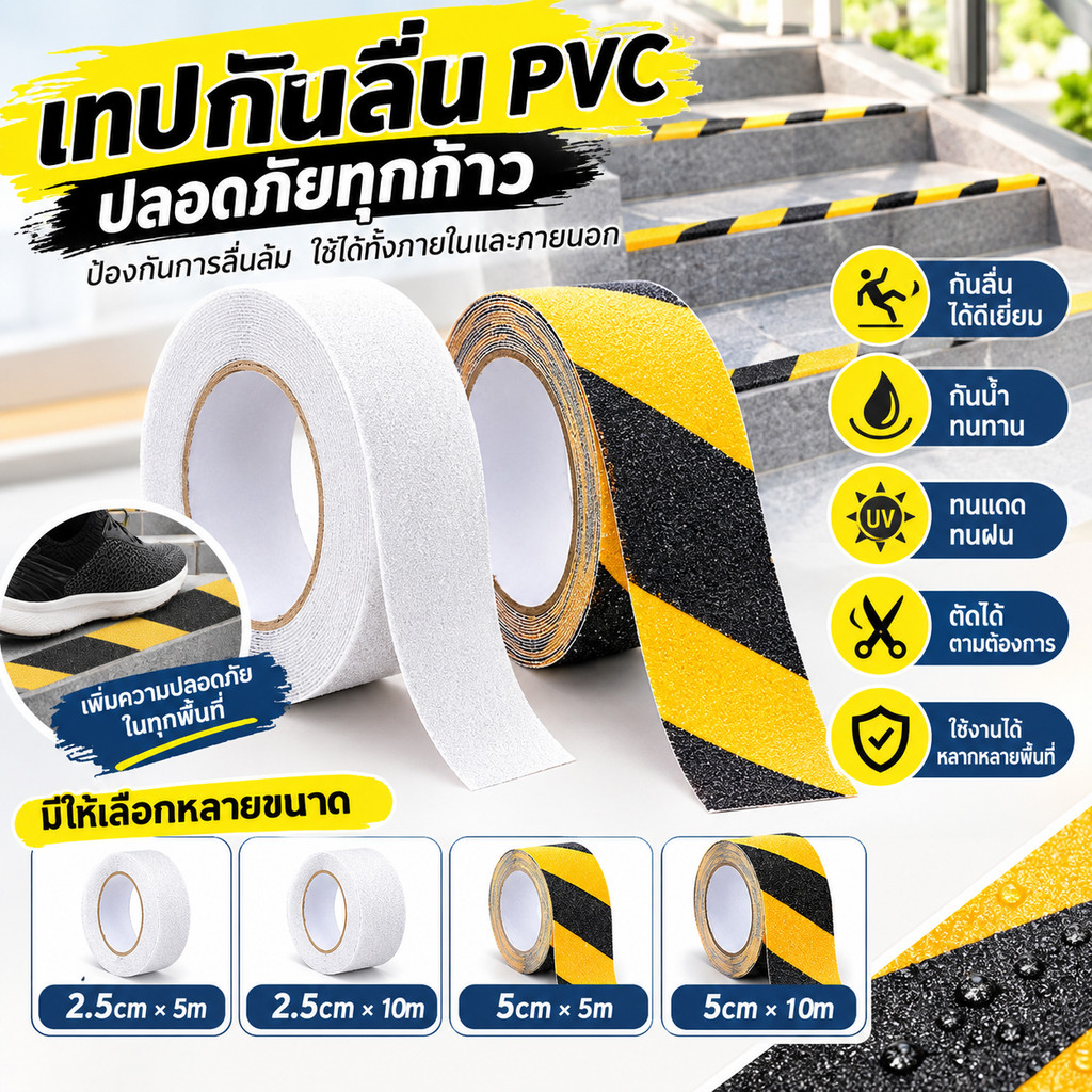 DH เทปกันลื่น กาวกันลื่น เทปพีวีซีกันลื่น 5cm x 10m ใช้งานง่าย ติดแน่น สำหรับกันลื่น เส้นเตือน