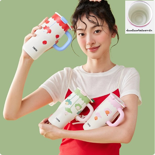 Rano ถ้วยน้ําเซรามิคเคลือบ Liner Thermos ถ้วย 316 ขวดน้ําสแตนเลสรถฟางถ้วยเย็น Leakproof 480ml