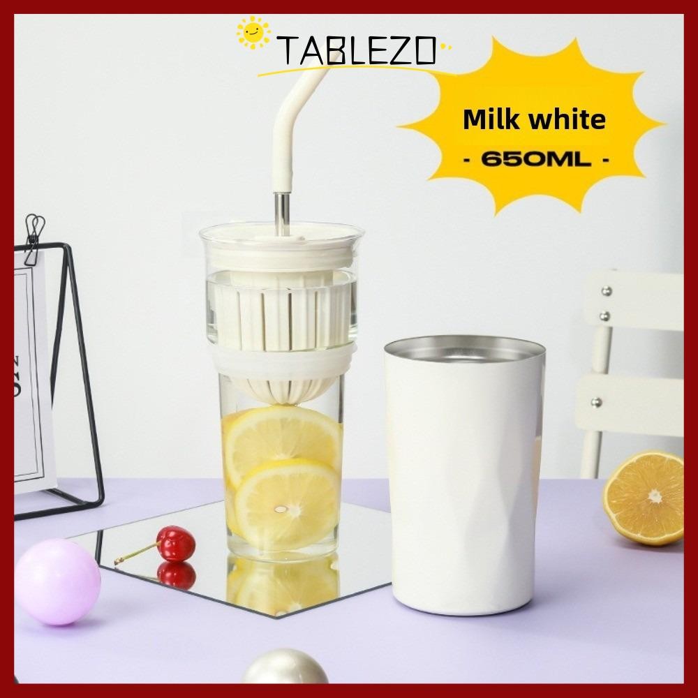 TABLEZO แก้วเก็บความเย็น, 2in1 650ML ถ้วยฟาง, ถ้วยกาแฟความจุขนาดใหญ่ 2 ชั้น ถ้วยเก็บความร้อน Drinkware