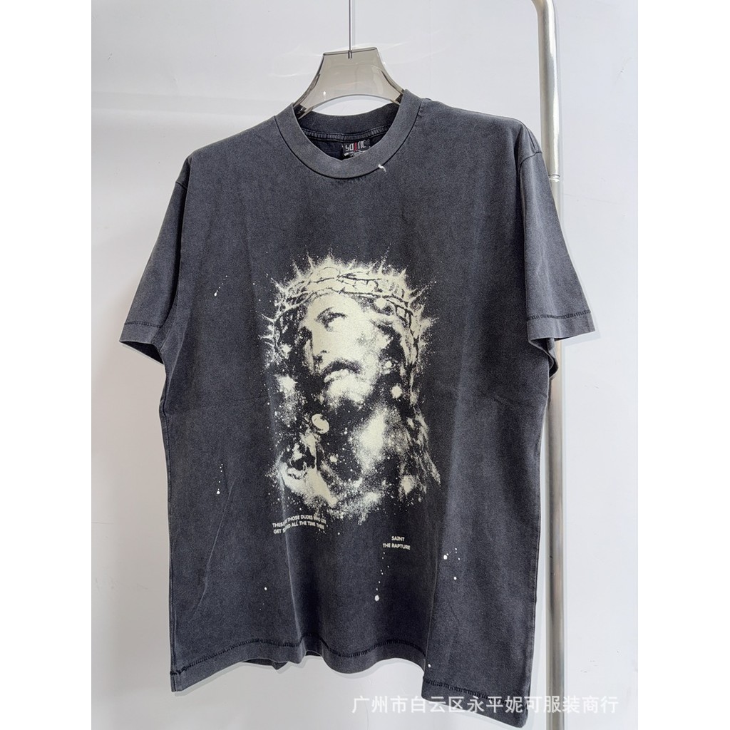 SAINT MICHAEL JESUS Luminous TEE Luminous Jesus Print Washed Distressed Short Sleeve T Shirt