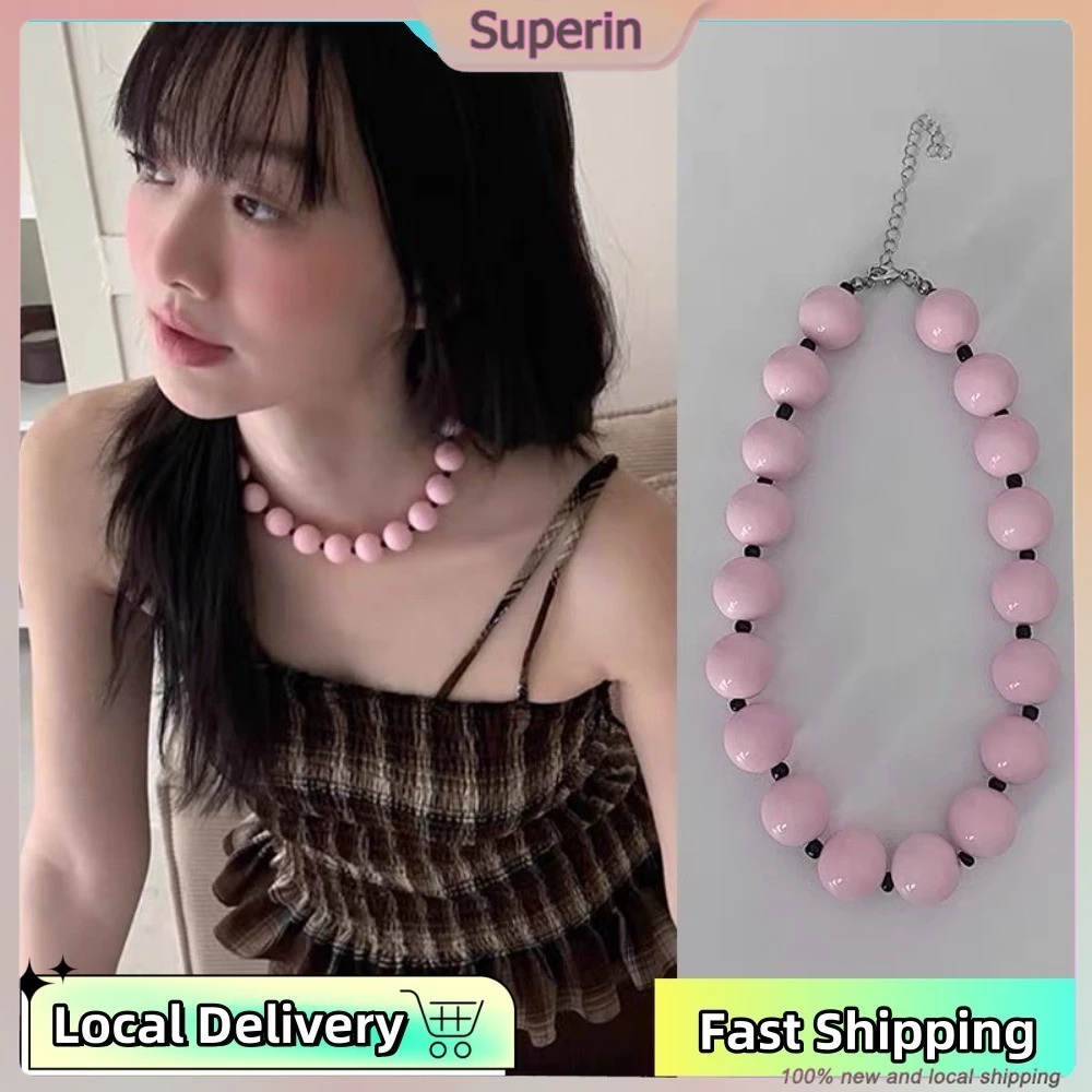 สไตล์เกาหลี Y2K สาวสร้อยคอลูกปัดสีชมพู Hotties สาว Cool ปรับ Collarbone Chain