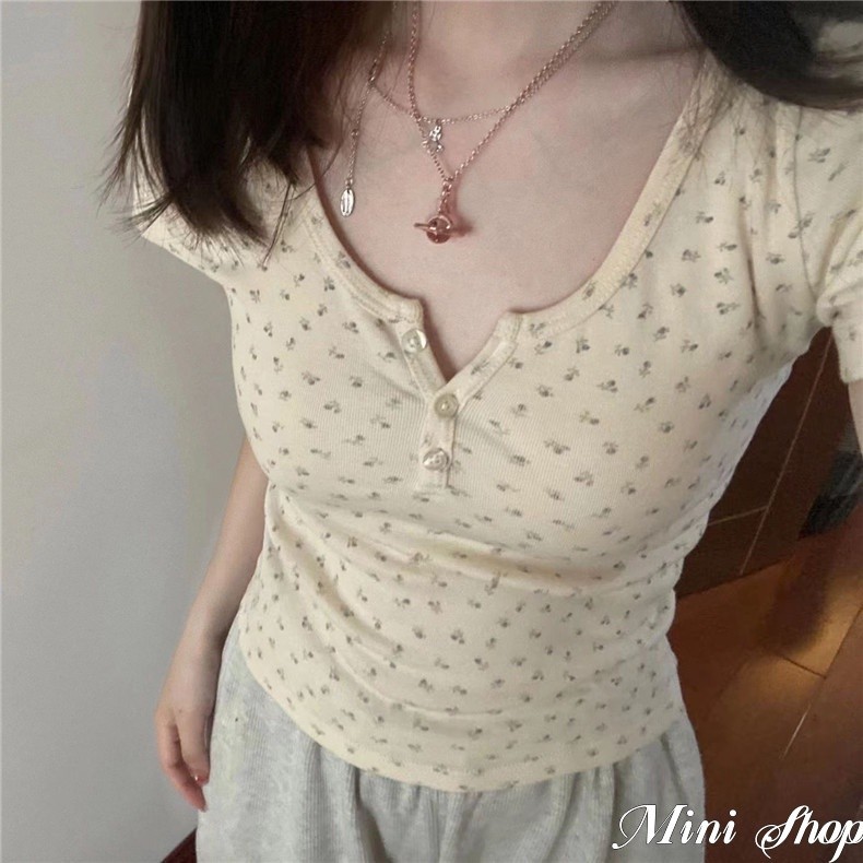 Mini shop🌸พร้อมส่ง🌸(232-T)ใหม่ เสื้อยืดแขนสั้น ลายดอกไม้ สไตล์ฤดูร้อน ไม้เล็กสดน่ารัก ใส่เที่ยวคาเฟ่